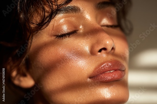 Close-up of a woman's face with glowing skin, enjoying the sunlight, promoting skincare and wellness