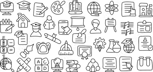 Education doodle icon set, hand drawn school line icons, science, math, music, art, learning, teaching, online study, graduation, creativity, outline vector illustration isolated on white background