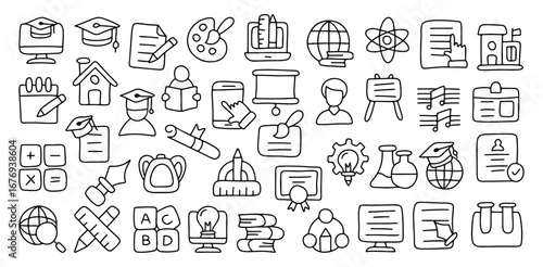 Education doodle icon set, hand drawn school line icons, science, math, music, art, learning, teaching, online study, graduation, creativity, outline vector illustration isolated on white background