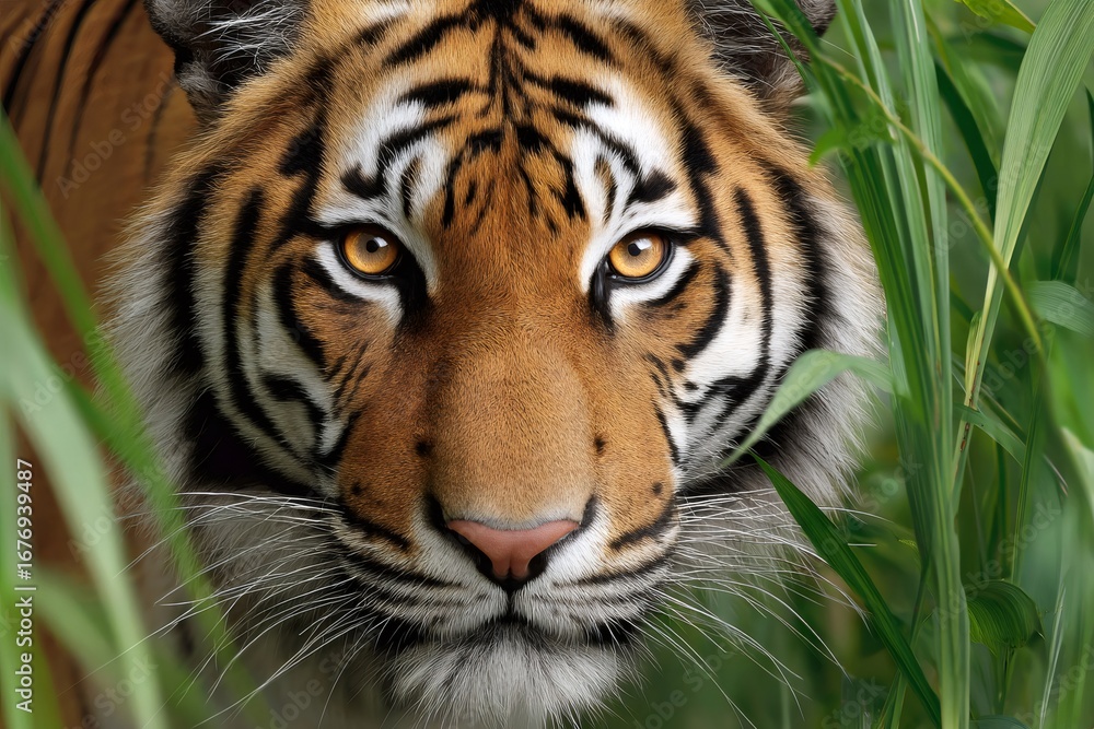 Fototapeta premium Sumatran tiger hiding in the lush green vegetation