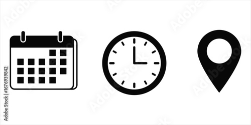 Black Icons of Calendar Clock and Location Pin on White date schedule