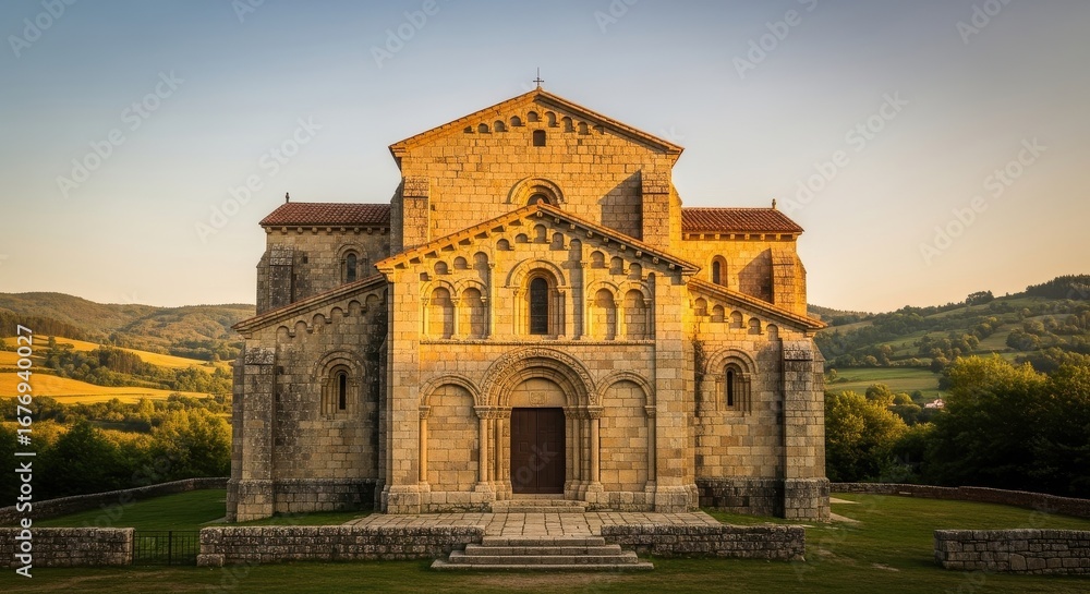 Fototapeta premium Sun-Kissed Stone: Majestic Facade of an Antique Romanesque Church Structure