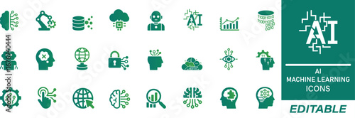 Collection of editable outline icons featuring artificial intelligence, machine learning, neural networks, robotics, automation, and data science. Perfect for technology companies, researchers, and di