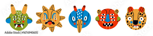 Various ethnic, tribal Masks. Colorful unique folk heads with eyes, horns, teeth. Abstract cute characters monsters, sun, bird, leopard. Hand drawn modern Vector illustration. Isolated design elements