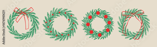 Various Christmas wreaths set. Green pine, spruce wreath with festive traditional xmas or new year decoration. Red ribbons, berries. Hand drawn trendy Vector illustration. Isolated design elements