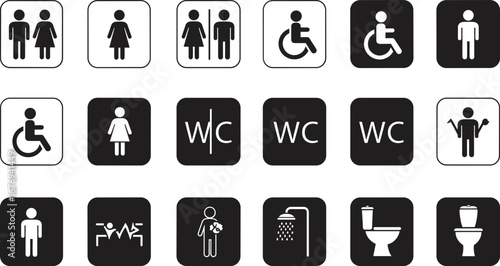 Collection of 15 restroom and accessibility icons including WC disabled and shower symbols restroom icon