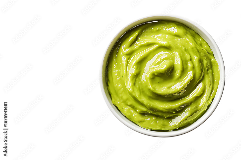 Fototapeta premium Creamy Green Guacamole Dip in White Bowl isolated on a transparent background avocado