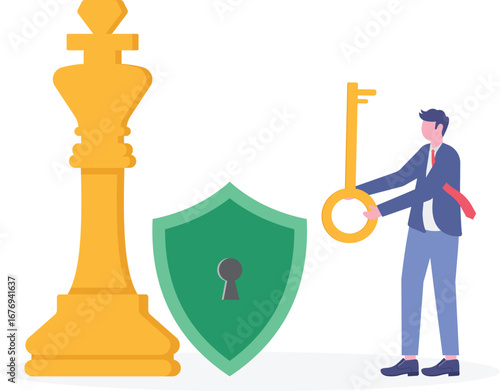 Flat illustration of man overseeing cybersecurity strategy with castle chess piece

