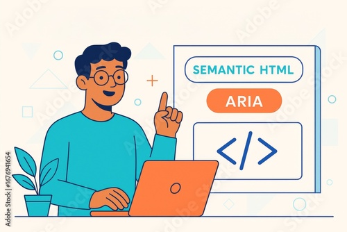 Man explaining semantic HTML and ARIA with code symbols on screen, using laptop, creative flat illustration on light background. Ai generative
