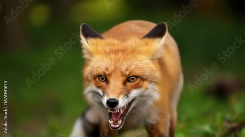Close-up portrait of wild red fox showing teeth in natural light