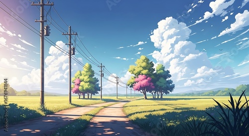 Beautiful Rural Landscape Pathway with Trees and Power Lines.