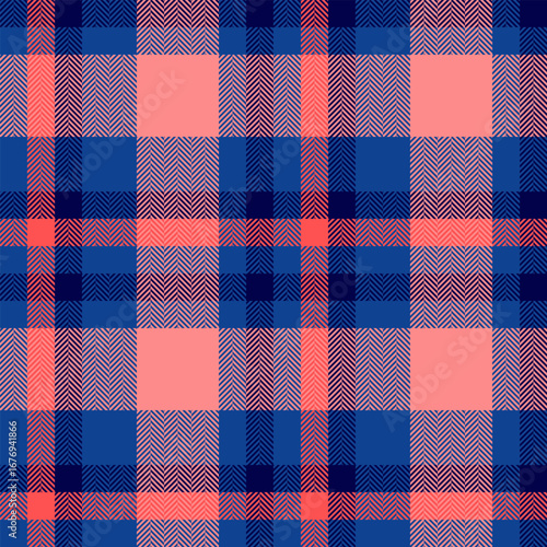 Vibrant tartan pattern. Classic check design, blue, navy  coral hues. Herringbone texture adds depth. Ideal for fashion, textiles, backgrounds. Timeless style.