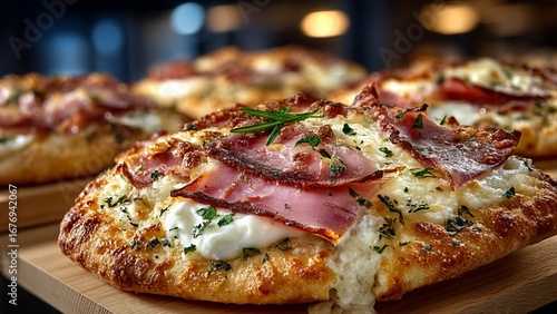 Wallpaper Mural Freshly Baked Savory Pastry with Meats and a White Sauce. This appetizing image is perfect for menus, food advertisements, recipe websites, or any content related to baked savory dishes. Torontodigital.ca