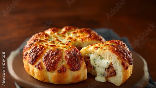 Cheesy Meatball and Herb-Stuffed Bread Ring. This image is perfect for food blogs, cookbooks, and promotional content for bakeries or restaurants.


