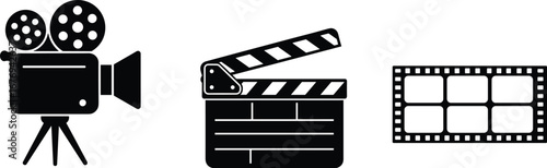 Film camera clapperboard and film strip icons on white background cinema movie