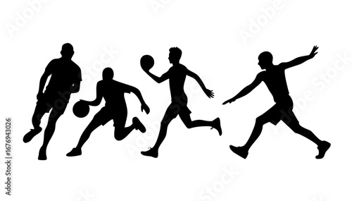 Black silhouette of athletes playing volleyball on white background sports action