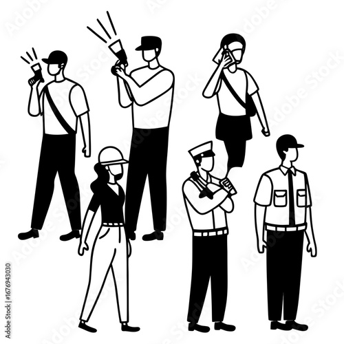 Black silhouettes of people in uniform and casual wear black and white