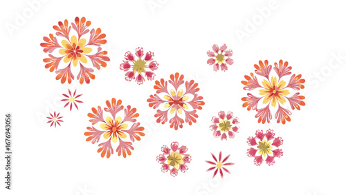 Blooming flowers in pink orange and yellow floral petals