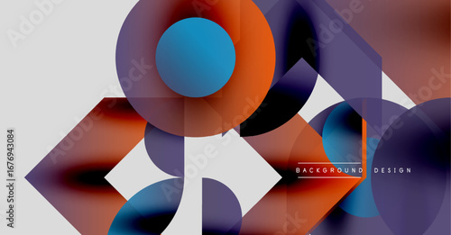 Abstract geometric shapes overlap, creating vibrant color gradients. Modern design features smooth transitions, dynamic composition.