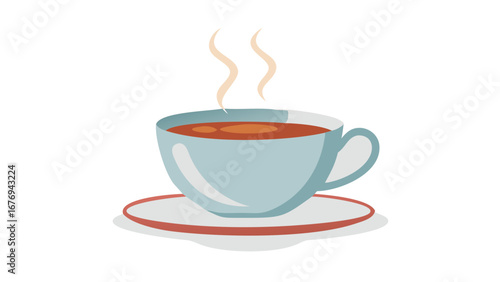 Blue teacup with hot beverage and steam hot drink saucer