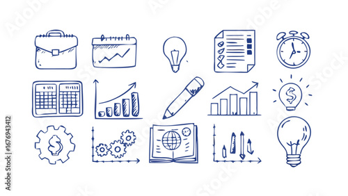 Business finance doodles on white background icons graphs