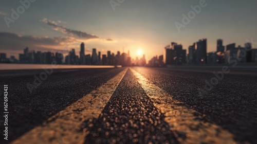 Wallpaper Mural Sunset over a long, straight road with a yellow dividing line stretching into the distance amidst an urban skyline silhouette Torontodigital.ca