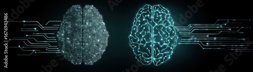 Futuristic dual brain models showcasing advanced artificial intelligence concepts with a complex network of glowing lines and dots representing data transfer and synaptic activity