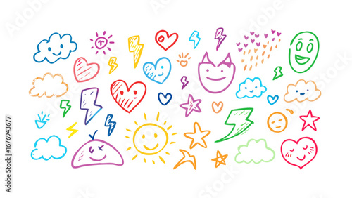 Cheerful doodle icons hearts sun clouds lightning vector