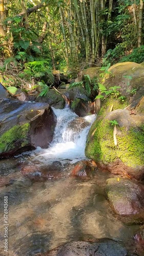 a video of a small waterfall flowing down a clear and refreshing river