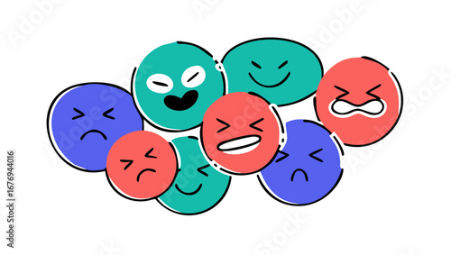 Colorful cartoon faces with various expressions emoji happy