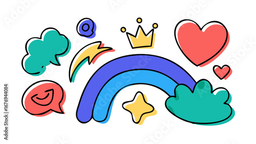 Colorful doodle elements rainbow heart crown star cloud