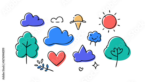 Colorful doodle elements of nature and objects illustration clouds