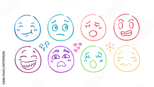 Colorful doodle faces expressing various emotions emoji sketch