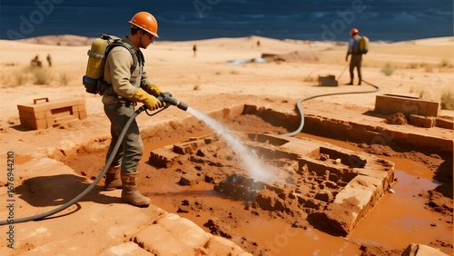Worker using high-pressure water jet to clean ancient ruins in a desert environment