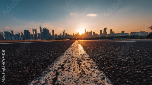 Wallpaper Mural Sunset over a wide open field with a dirt road leading towards the horizon and a distant city skyline Torontodigital.ca