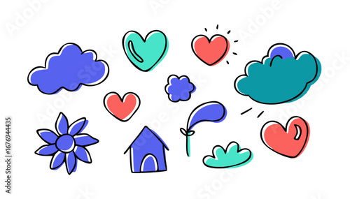 Colorful hand drawn doodle icons of hearts clouds flower house and windsock vector