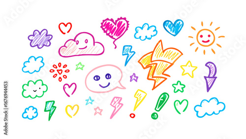 Colorful hand drawn doodles of hearts clouds sun lightning and stars vector