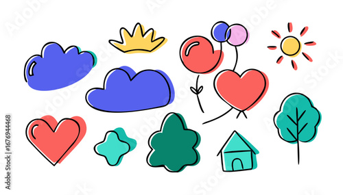 Colorful hand drawn doodles of nature and objects clouds