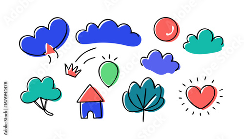 Colorful hand drawn doodles of nature and objects clouds
