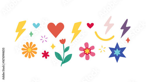 Colorful lightning bolts hearts and flowers with stars vector