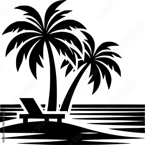 Tropical Getaway: A tranquil illustration featuring two majestic palm trees gently swaying in the breeze, alongside a comfortable beach chair. creating a sense of relaxation and escape