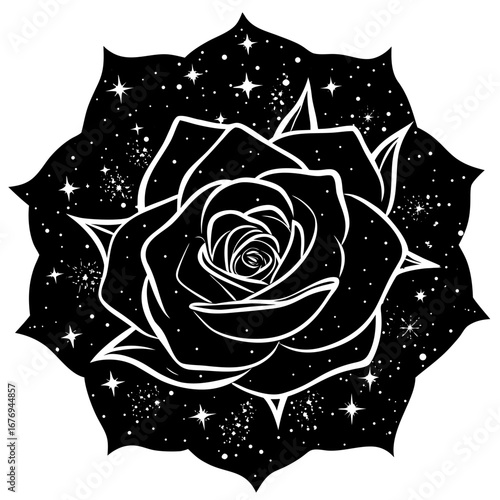 A black and white illustration of a celestial rose filled with stars against a mandala-shaped galaxy background.