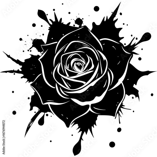 Black rose graphic with ink splatters isolated on a white background for use in creative branding and modern design projects.