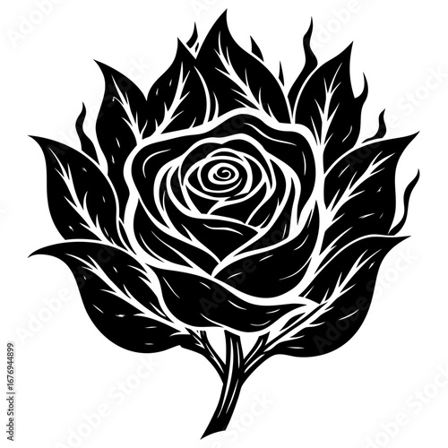 A stylized black and white illustration of a rose in full bloom, with its leaves depicted as licking flames.