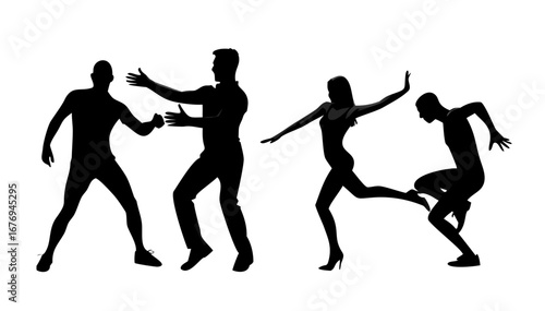 Couple dancing silhouettes in graceful motion dancers