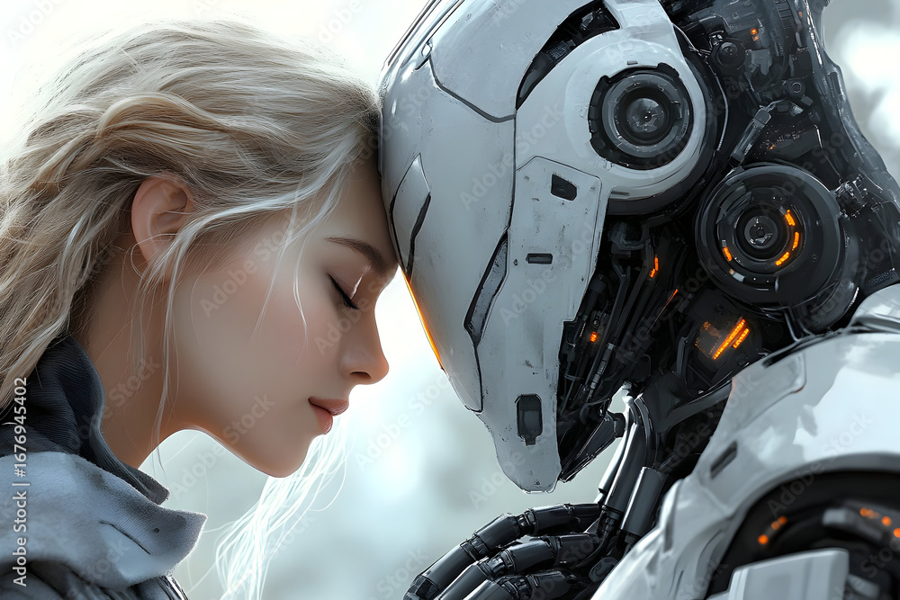 Fototapeta premium Emotional bond between human and robot in futuristic setting