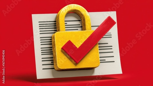 Secure padlock illustration featuring a prominent red tick mark symbolizing successful verification approval and completed security check representing safety