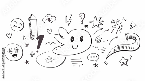 Doodle collection with expressive faces and symbols drawing sketch