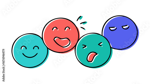 Four cartoon faces expressing different emotions emoji happy