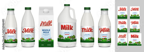 Vector milk labels and milk containers